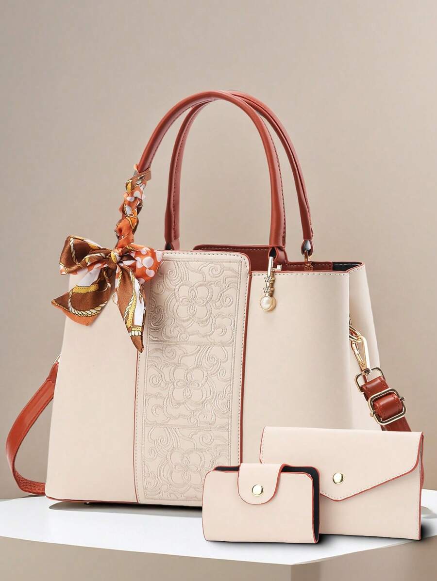 Conjunto Elegante de 3 Peças de Bolsas de Moda Feminina com Bordado - Estampa Geométrica Elegante, Bolsa de Couro Sintético e Carteira Tipo Clutch com Lenço