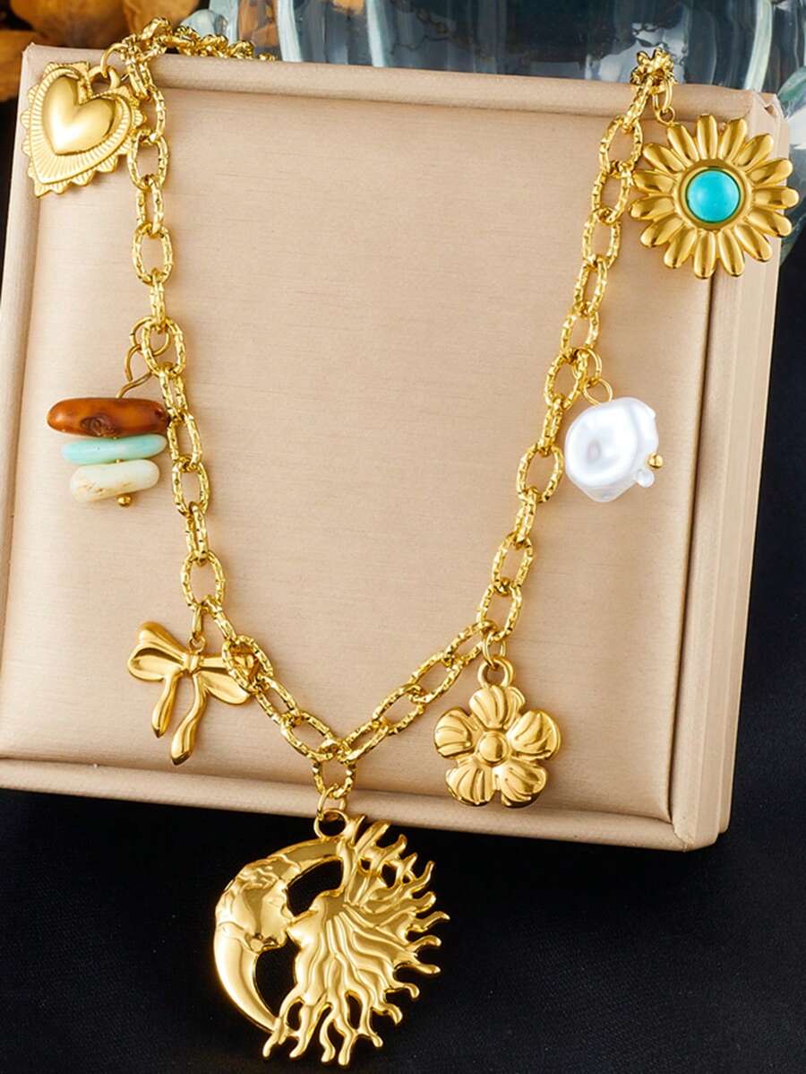 1 Multi-Element Personalized Asymmetrical Moon Pendant Pasted With Turquoise Sunflower, Heart-Shaped Pearl, Colorful Crushed Stone Accessories Chain, Stainless Steel Necklace