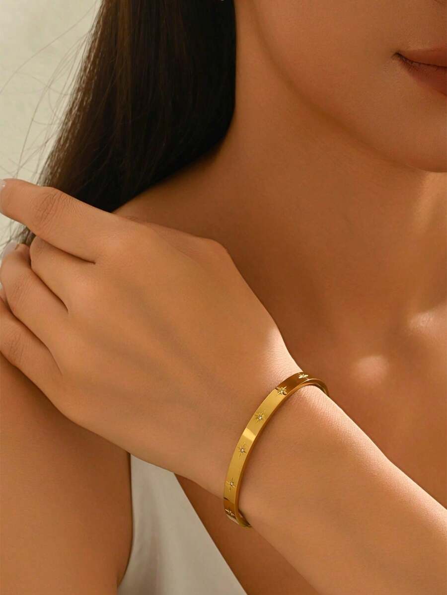 1pc Minimalist Octagram Zirconia Stainless Steel Bangle Bracelet Octagonal Star Bracelet, Fashionable Daily Wear Or Gift For Friends 