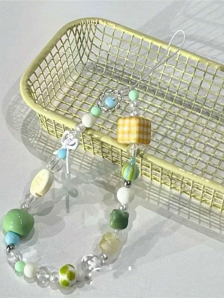 Correa versátil de estilo Ins en color verde manzana premium, cadena de teléfono de verano Ins, correa para la muñeca DIY para cámara CCD, decoración de colgante con cuentas, cadena de bolso con estampado verde amarillo a cuadros al estilo coreano