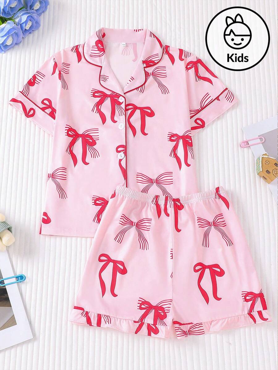 Set de 2 piezas de ropa de dormir ignífuga para niños, nueva para el verano, cárdigan casual de manga corta abierto, lavable, impreso con moño rosa, ropa exterior y de estar en casa para niñas, para niños pequeños y niños