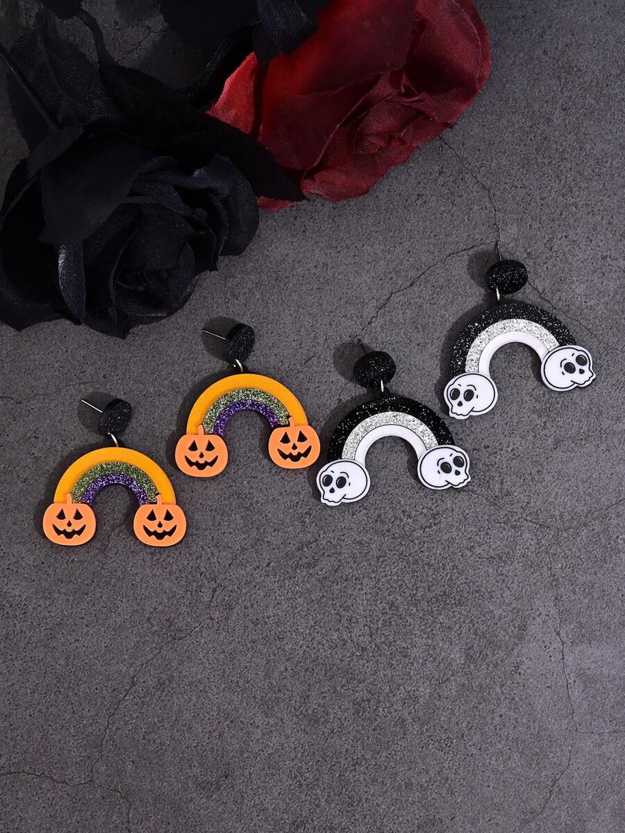 1 Pair Cartoon Pumpkin & Skull Shaped Colorful Acrylic Drop Earrings, Suitable For Halloween Wearing, Everyday & Party, Gift For Women