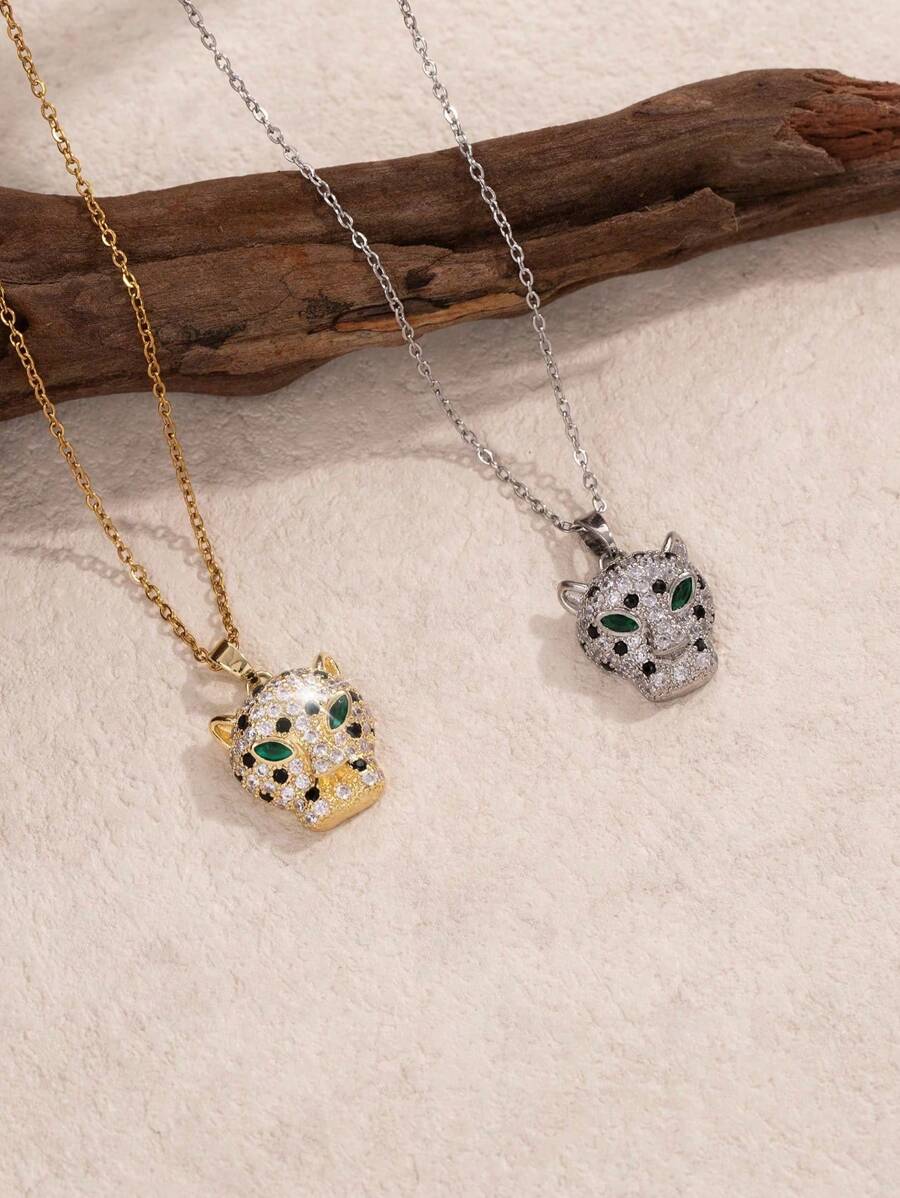1 pièce Collier pendentif en acier inoxydable à tête de panthère avec strass, mode personnalisée. Convient pour le port quotidien des femmes et des couples. Peut être un cadeau pour l'anniversaire, les vacances, Halloween