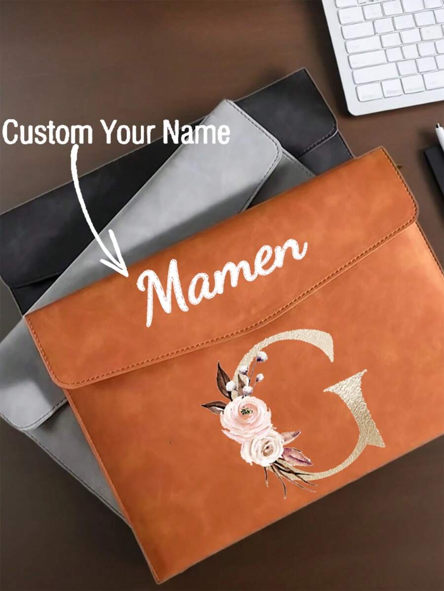1pc Customized Name & Initial PU Leather Document Bag - Waterproof Magnetic A4 File Folder, Large Capacity Office & School File Organizer, Personalized Birthday Or Christmas Gift, Office Storage