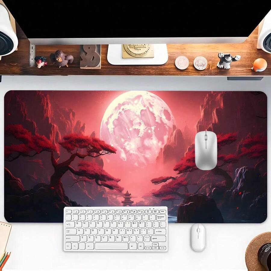 1 pièce Tapis de souris design arbre soleil rouge, grand tapis de bureau avec bords cousus, base en caoutchouc antidérapante. Accessoire de bureau, tapis de clavier pour décoration de la maison et du bureau. 35,4 x 15,7 pouces. Cadeau de Noël, Halloween pour femmes, petites amies, hommes, amis.