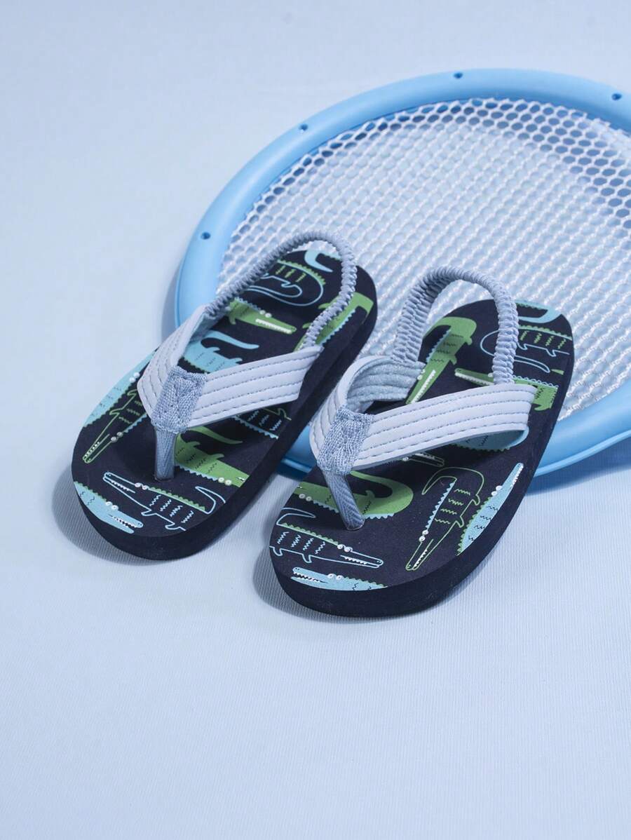 1 Pair Blue Cartoon Crocodile Flat Fashion Beach Style Simple Comfortable Slip-On Sandals, Suitable For Summer (Pattern Randomly Selected)