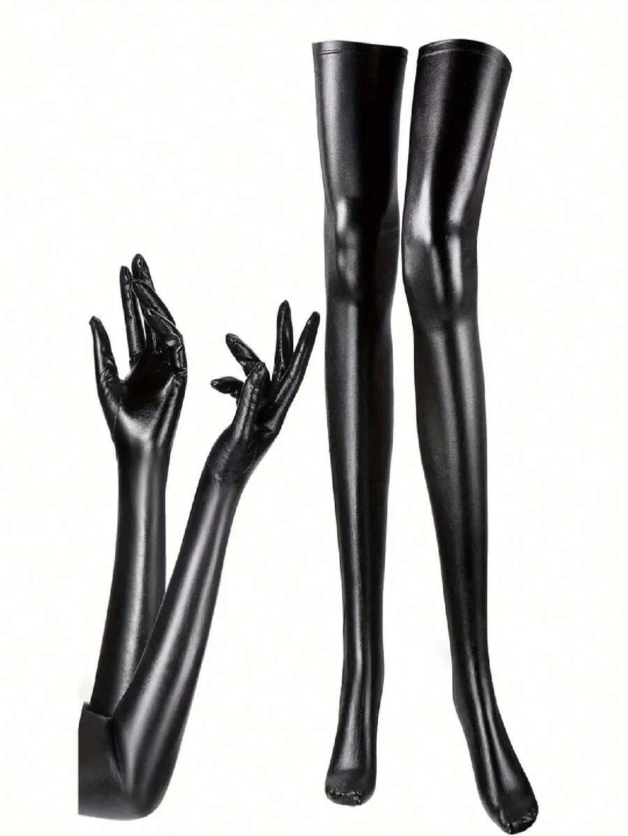 Sexy Lingerie Accessories A Two Pieces Set Of Glossy, Sexy, Tight Party Leggings And Gloves For Women, Perfect For Valentine'S Day And Carnival Costumes.