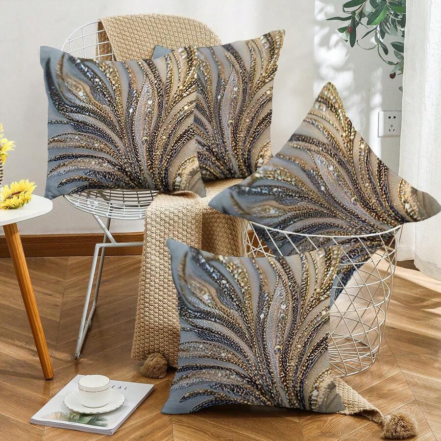 4pcs 18"X18" Modern Abstract Feather Design Pillow Covers - 2D Flat Print Plush Pillow Shams, Zippered, Mixed Color, Suitable For Living Room, Bedroom, Office And Holiday Gift (No Inner), Vintage Pillowcase, Bedroom Decor, Modern Decor, Elegant Style, Shiny Texture, 2D Flat (No Pillow Insert)