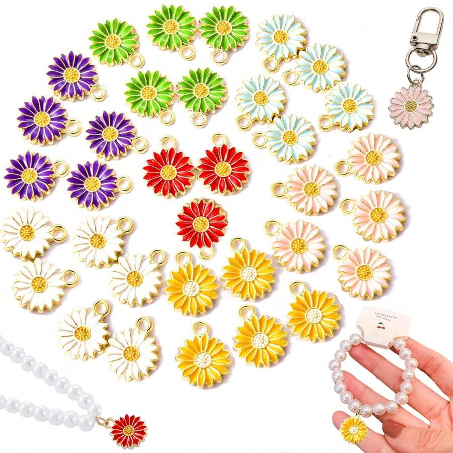 Encantos de flor de margarita de esmalte para hacer joyería, dijes chapados en oro con girasol, colgantes florales de primavera y verano para pulseras, collares, aretes, llaveros, suministros de manualidades y accesorios - 13 mm