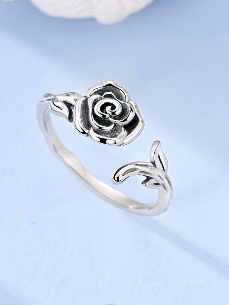 1 Pc 925 Sterling Silver Vintage Roses Open Rings For Women Original Design Classic Skeletons Shape Elegance Jewelry Fits Halloween Daily Party Shopping Wear