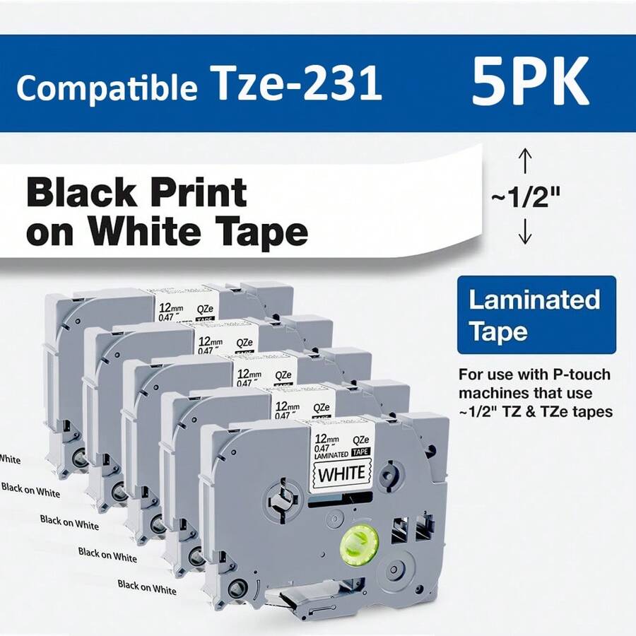 5pieces 12mm Black On White Tze231 12mm X 8meter Laminated Label Tape Compatible Brother P-Touch Label Printer Tze-231 Tze 231 Tz231 Tz-231 Back To School