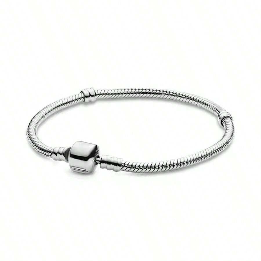 Brazalete redondo de plata de ley 925, adecuado para DIY con cuentas, regalo de moda para mujeres