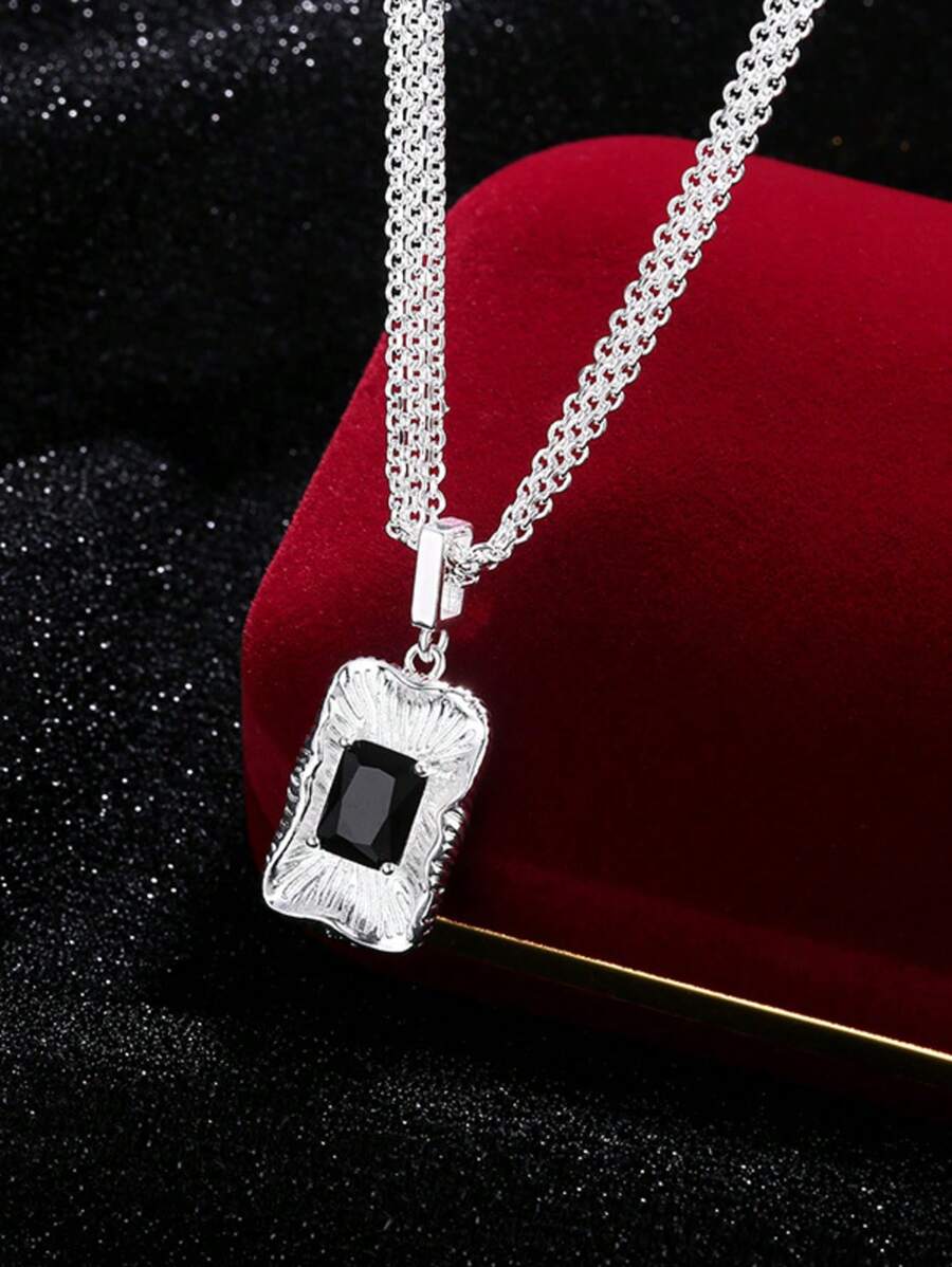 Elegante collar con colgante de plata de ley 925 con circonita negra rectangular - Hipoalergénico, duradero y resistente a la oxidación, regalo perfecto para todas las estaciones, joyería de uso diario | Elegante collar con colgante | Joyería de plata de ley durable, circonita
