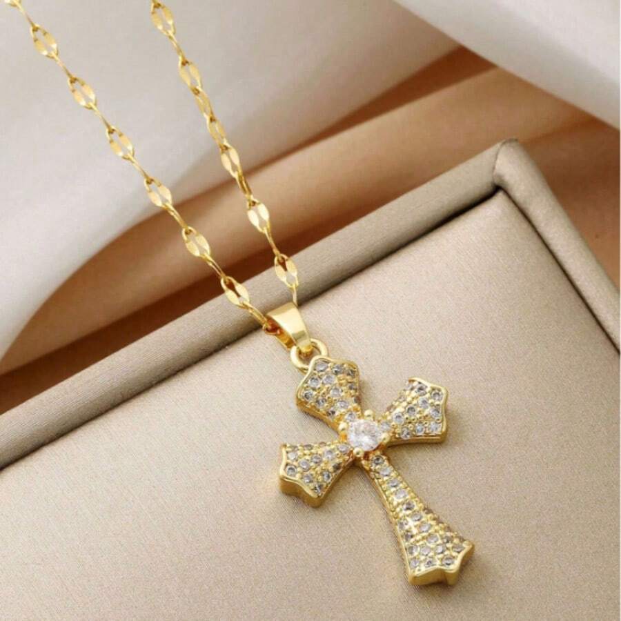 1 pièce Collier du Sacré-Cœur de Jésus pour femmes, pendentif croix en zircone cubique rouge sur chaîne en acier inoxydable. Accessoires de bijouterie, cadeau pour elle, Saint-Valentin