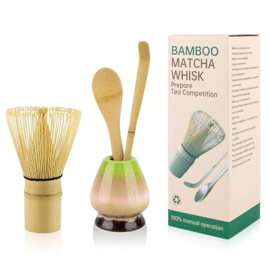 4-Piece Matcha Tea Set – Japanese Matcha Kit With Ceramic Bowl, Bamboo Whisk & Holder, Scoop & Rest, Sifter, And Tea Towel – Gift For Matcha Lovers ( Green)