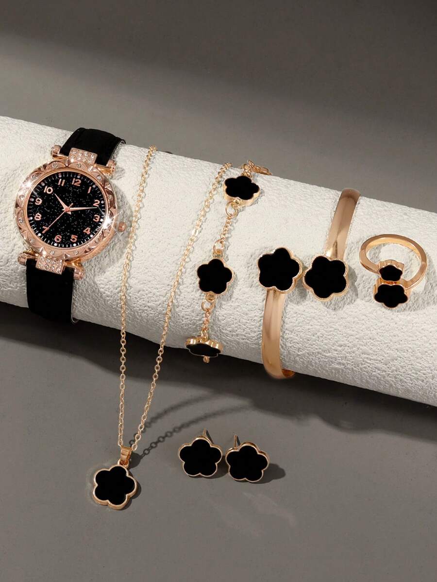 7pc Versatile Black Starry Sky Literal Quartz Digital Watch, Paired With Lucky Flower Necklace, Bracelet, Ring, Earrings And Jewelry Accessories Set, Is A Valentine's Day And Easter Gift For Women.