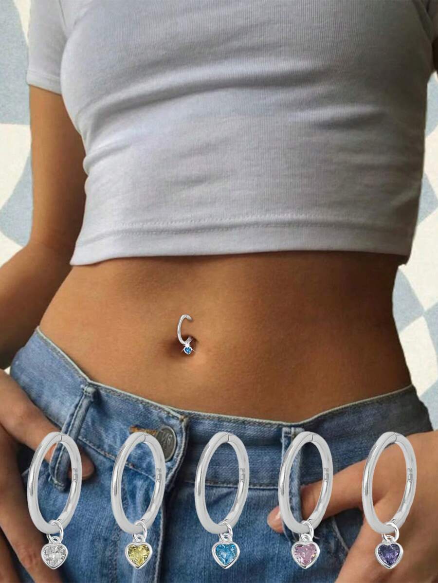 1 PIEZA Piercing de ombligo con forma de corazón de plata esterlina 925, anillo con barras curvas para perforación del Body, joyería corporal con botón de piercing de ombligo