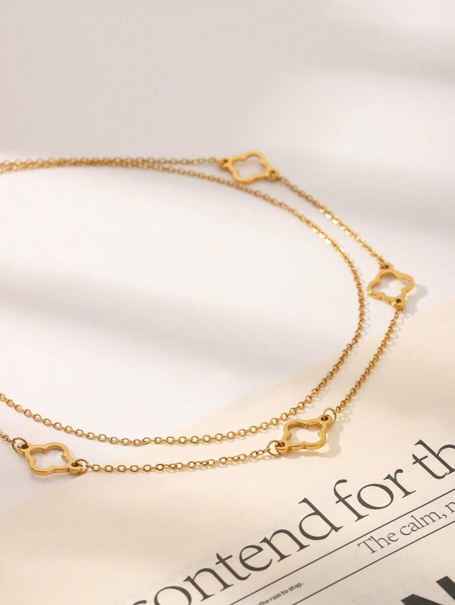 1pc, 18k Golden Plated, Stainless Steel Hollow Clover Double Necklace, Women's Classic Luxury Stainless Steel Jewelry, Wedding Graduation Gifts