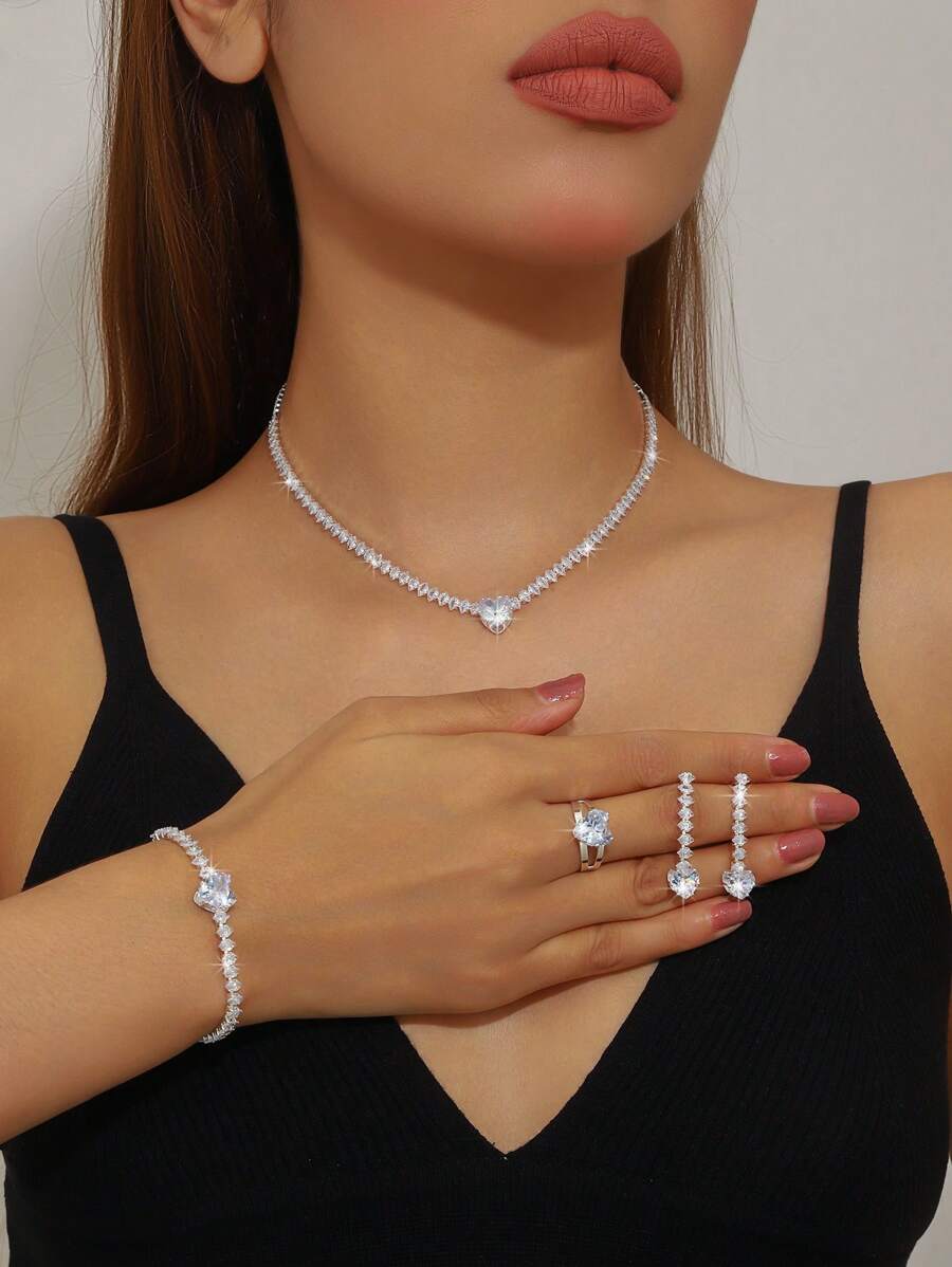 Elegante y sencillo set de joyería de de 5 piezas, que incluye collar, pendientes, pulsera y anillo. Con forma de corazón brillante, de moda y versátil, adecuado para todas las ocasiones. San Valentín, Mamá, Madre, Día de la Madre, Regalo