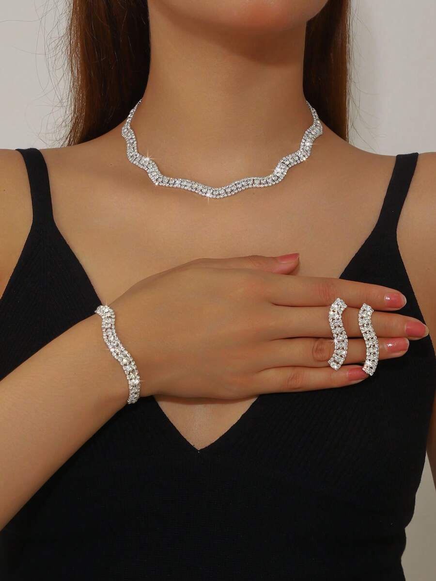Ladies' Luxury Fashion Jewelry 4-Piece Set, Rhinestone Necklace+Earrings+Bracelet, Elegant And Generous, Is The Best Accessory For Wedding Banquets, Parties, And Events
