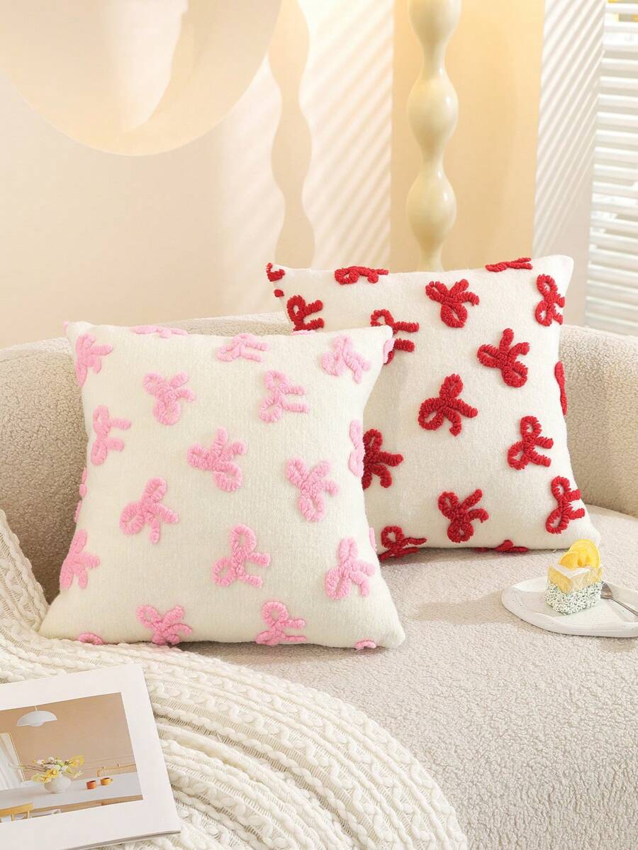 1pc Jacquard Bow Decorative Pillow Case, Cute, Back To School Gift, Girl Dorm Bedding, Dorm Decor, Pillow Cover Only, Suitable For Sofa, Cushion, Throw Pillow, Lumbar Pillow
