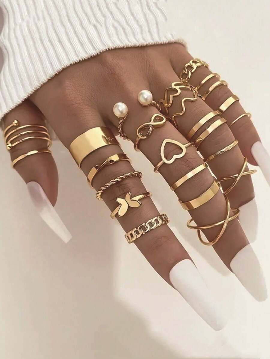 22 Stücke/Set Ringe mit offenem Mehrgelenkdesign, Herz- und Schmetterlingdesign Ringe, einzigartiges Schmuckset für Frauen