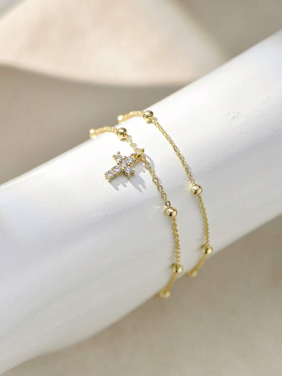 Nooxian 2pcs/Set Summer Beach Anklet, Gold Tone Cross Pendant Bead Chain Double Layer Foot Jewelry Suit For Women (Random Bead Quantity)
