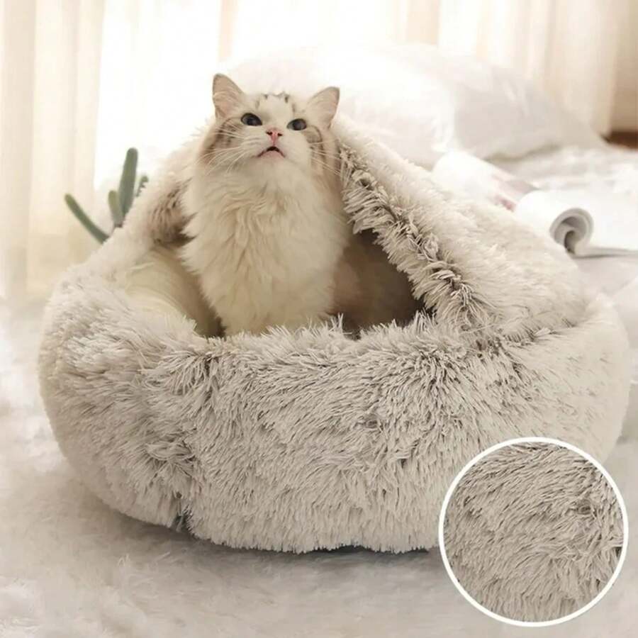 Soft Warm Long Plush Pet Bed Enclosed Round Cat Cushion Comfortable Sleep Bag Cat Nest Kennel For Small Pet Cat Nest