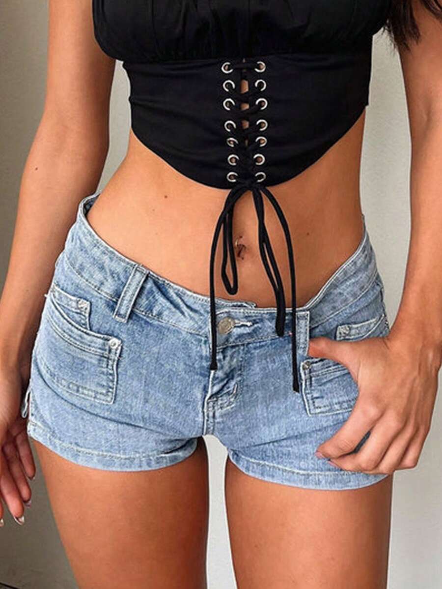 Shorts di jeans casual per donne, di colore solido, sexy, con tasche, cerniera e bottoni, adatti per l'estate, le vacanze e i viaggi