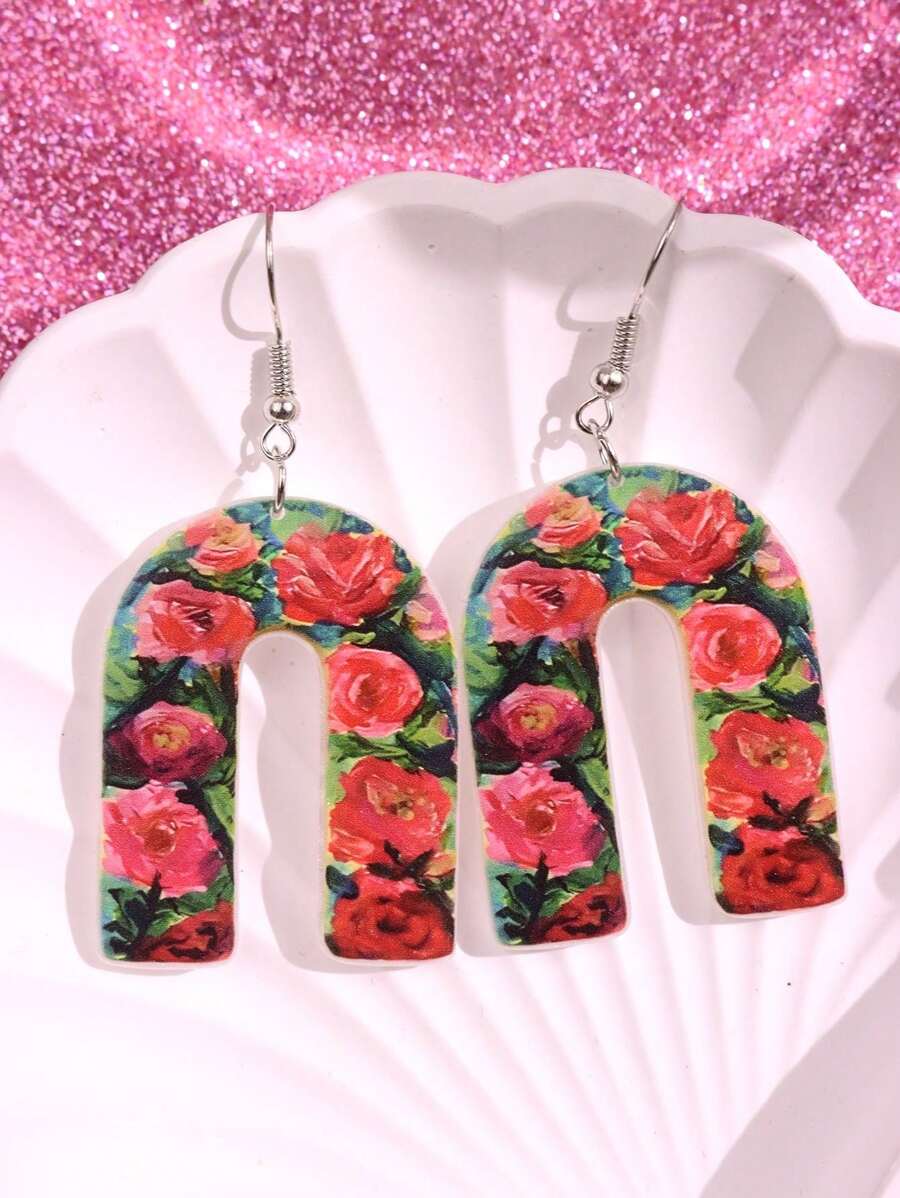 1 par de aretes colgantes acrílicos con diseño de flor y forma de herradura, elegantes, de alta gama, exquisitos, únicos y coloridos, adecuados para el atuendo diario de la mujer, festivales y fiestas