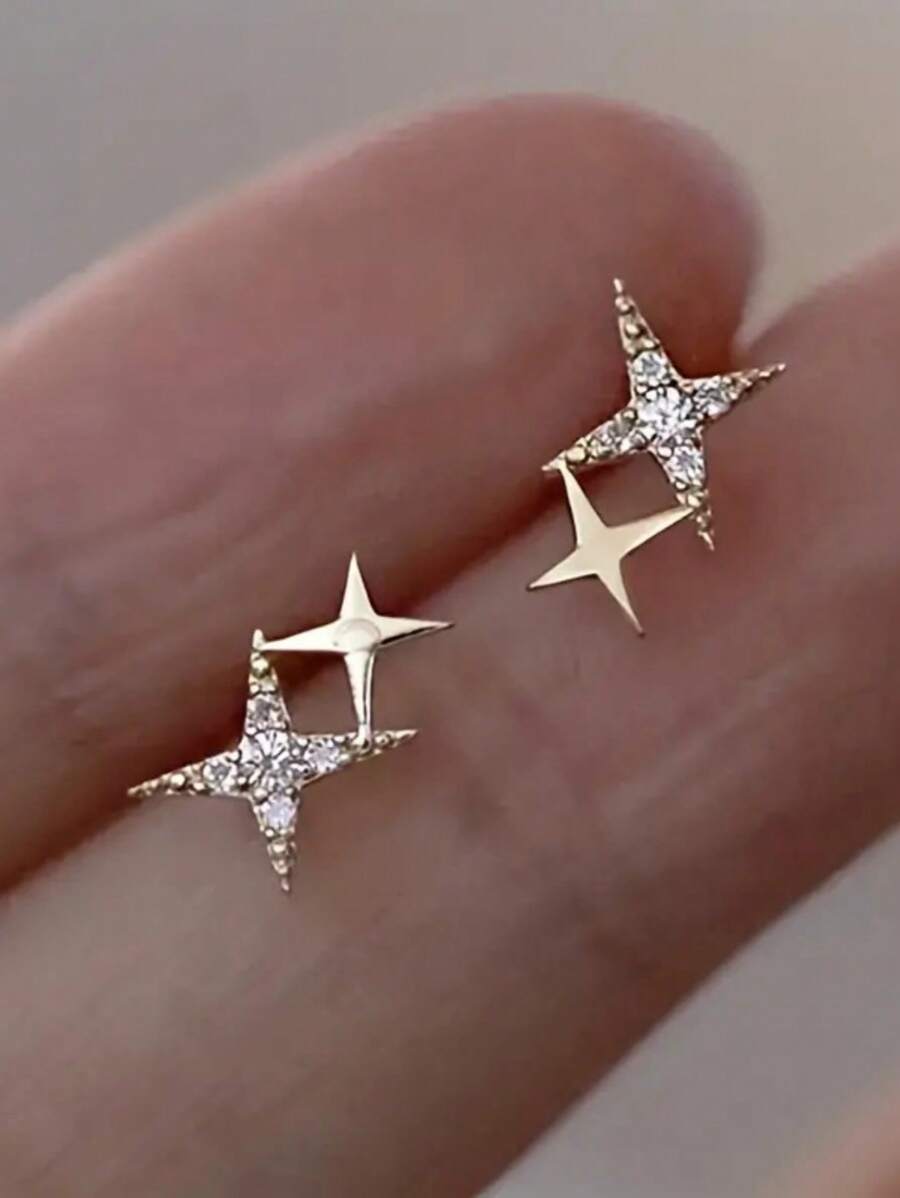 1 Pair 14K Gold Plated Double Star Rhinestone Earrings, Fashionable Crossed Stars Design Stud Earrings For Women