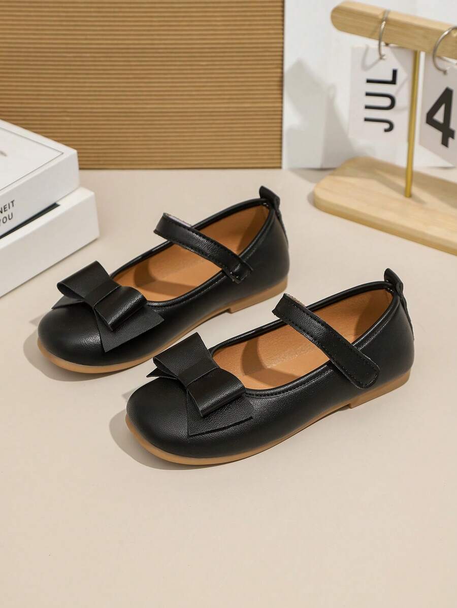 1 Pair Girls' Black Flat Shoes, PU Leather Adjustable Magic Tape Closure, Round Toe, TPR Non-Slip Sole, Comfortable, Fashionable Bow Design, Suitable For 5-14 Years Old Elementary & Middle School Students, For Casual, School, Performance And Daily Wear, All Seasons