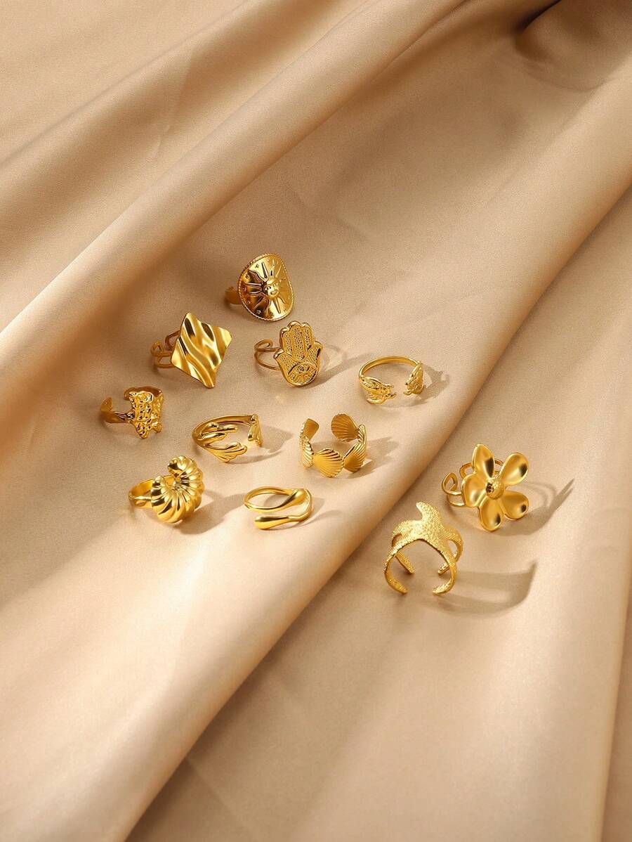 Waterproof Ring For Women Gold Color Stainless Steel Opening Rings Geometric Shell Flower Cute Ring Jewelry Daily Dainty Gift