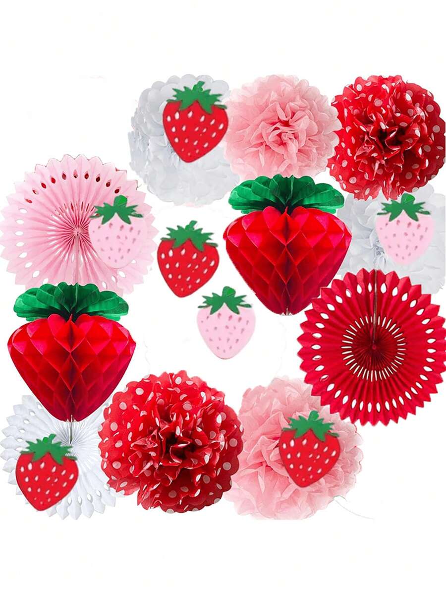 Set de 1/2/22 piezas de decoraciones para fiesta de cumpleaños de fresa en rojo, rosa y blanco que incluyen pompones de papel de seda, bolas de panal, faroles y guirnaldas para decoración de aula, fiesta dulce de fruta, 1er cumpleaños, novia y fiesta de bebé para niñas