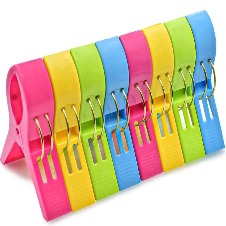 4pcs/Pack Colorful Plastic Windproof Clothespin, Suitable For Securing Beach Towels On Chairs, Durable Plastic Clips, Multi-Purpose Hangers, Yellow, Blue, Green, Red Colors, Protect Your Beach Towels From Wind, Ideal For Vacation, Poolside, Travel-Friendly Accessory