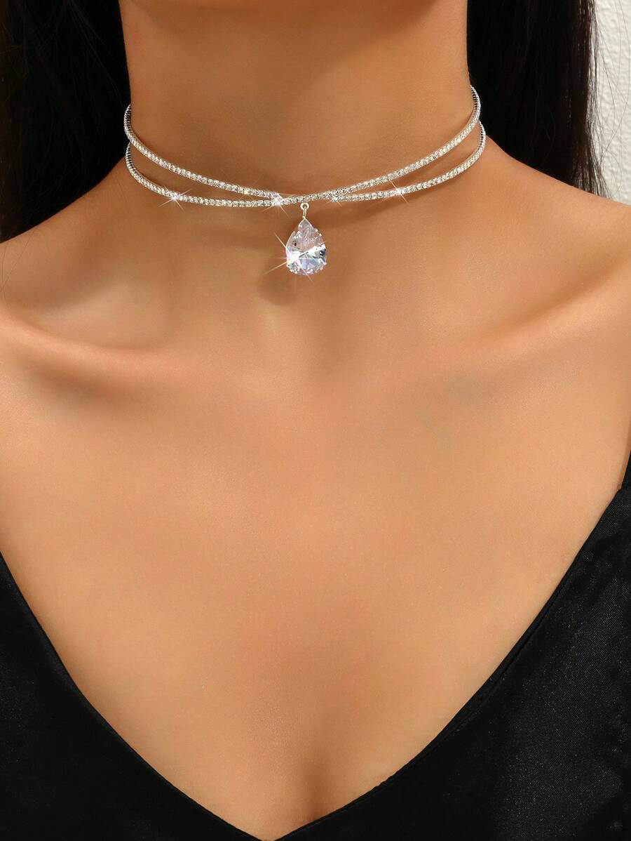 1pc Luxury Party Open Choker Necklace With Double Row Rhinestone & Zirconia Decor