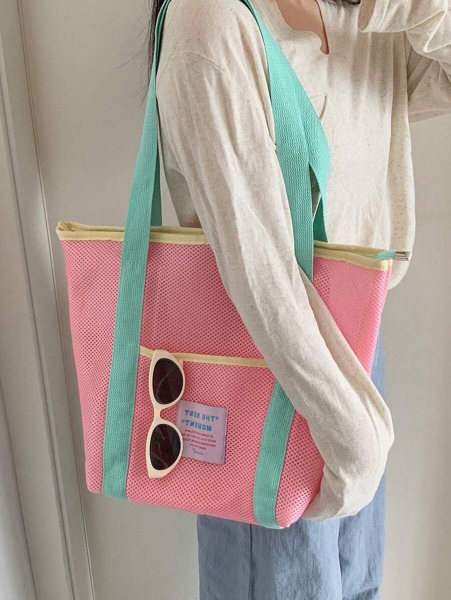 1 Pc Macaron Contrasting Color Summer Bbeach Bag, Mesh Large Capacity Tote Bag, Dopamine Clothing Storage Bag, Suitable For Beach, Swimming, Travel And Vacation Essentials, Portable Travel Bag, Foldable Multifunctional Storage Bag