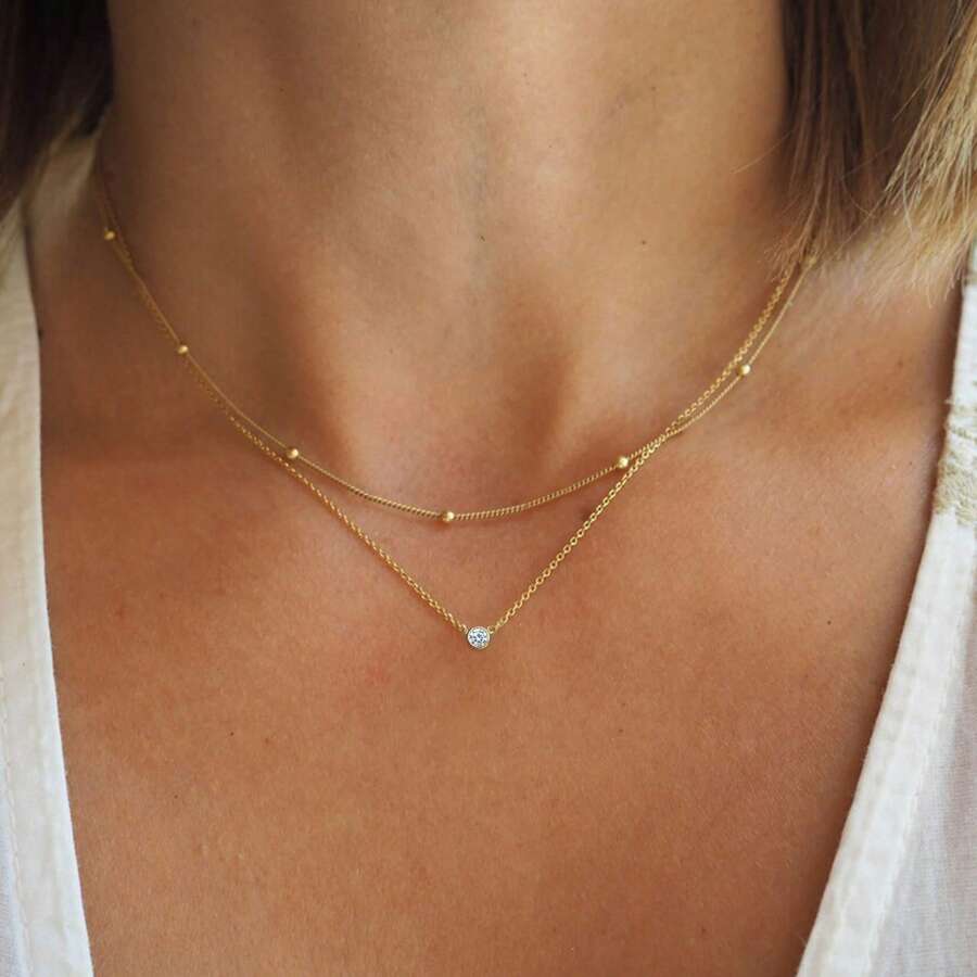 2pcs Round Zirconia Pendant Double-Layer Chain Necklace, Minimalist Fashion Versatile Diamond-Encrusted Choker Necklace, Suitable For Girls & Women