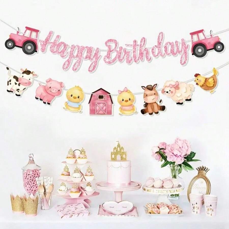 1 Stück Rosa Bauernhoftier Geburtstags Banner Ziehband mit "Alles Gute zum Geburtstag", Rosa Bauernhoftier Thema Geburtstags Party Raum Wand Hintergrund Dekoration Zubehör, Rosa Bauernhoftier Party Bevorzugung, Geburtstagsgeschenk, Geburtstagsdekor, Heim Dekoration Wanddeko, Rosa Bauernhoftier Deko, Cartoon Schaf Schwein Muster Banner