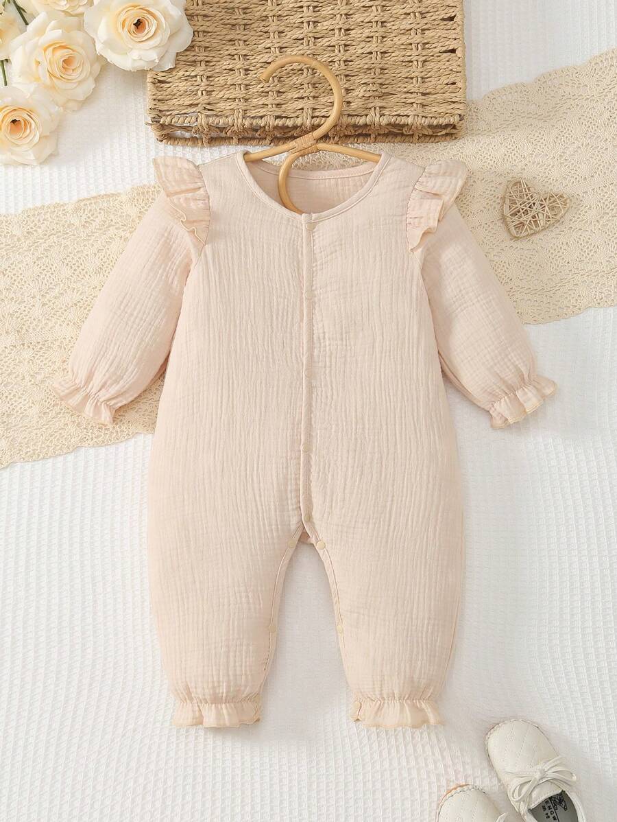 MommBaby Pelele de algodón de un solo color para bebé, mono con mangas largas y botones delanteros con volantes, pantalones con entrepierna abierta para gatear para niñas bebés, para primavera y otoño