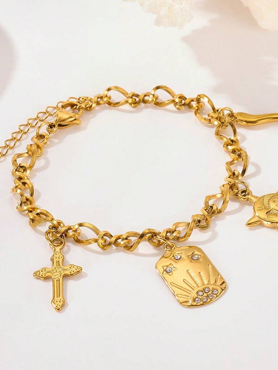 1 pieza de pulsera con dije de cruz y pentagrama de moda personalizado de varios elementos, pulsera con dije cuadrado pequeño de pimienta dorada, joyería para mujeres