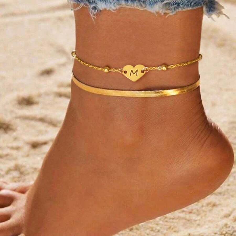 Set de 2 Tobilleras de acero inoxidable con dorado, con cadenas de capas y forma de corazón hueco inicial, de moda para mujeres