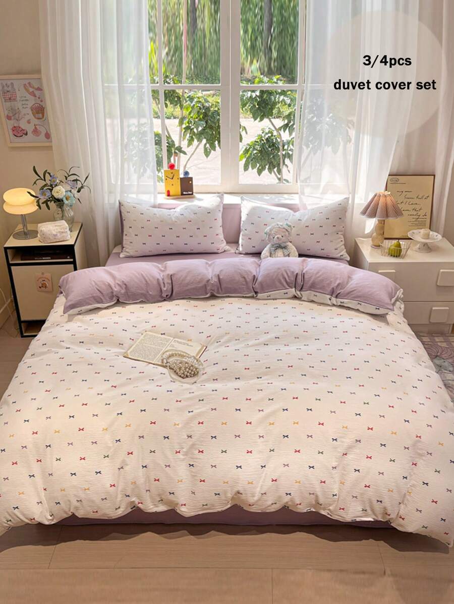 3/4pcs Bedding Set, Colorful Bow Print Duvet Cover, Soft Crinkly Gauze Duvet Cover, Cartoon Fresh Bed Set, Lilac Bedsheet, Suitable For Bedroom At Home, Suitable For All Seasons (Includes 1 Duvet Cover, 1 Bedsheet, 1/2 Pillowcases, Without Filler)