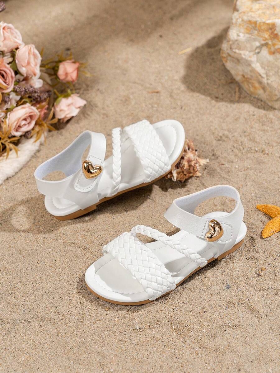 1 Pair Girls Woven Design Flat Sandals, Round Toe Hook And Loop Closure Comfortable Cute Fashion Suitable For Outdoor, Beach Wear In Summer