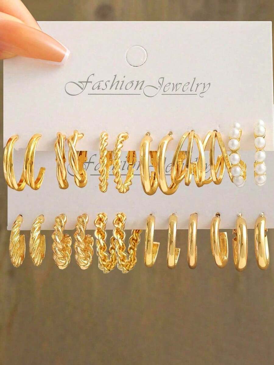 24 buc/set cercei rotunzi împletiți cu perle artificiale minimaliste la modă, din metal, cu elemente multiple, în formă de C, geometrici, cu gol, pentru femei, potriviți pentru vacanță, petrecere, întâlniri și purtare zilnică