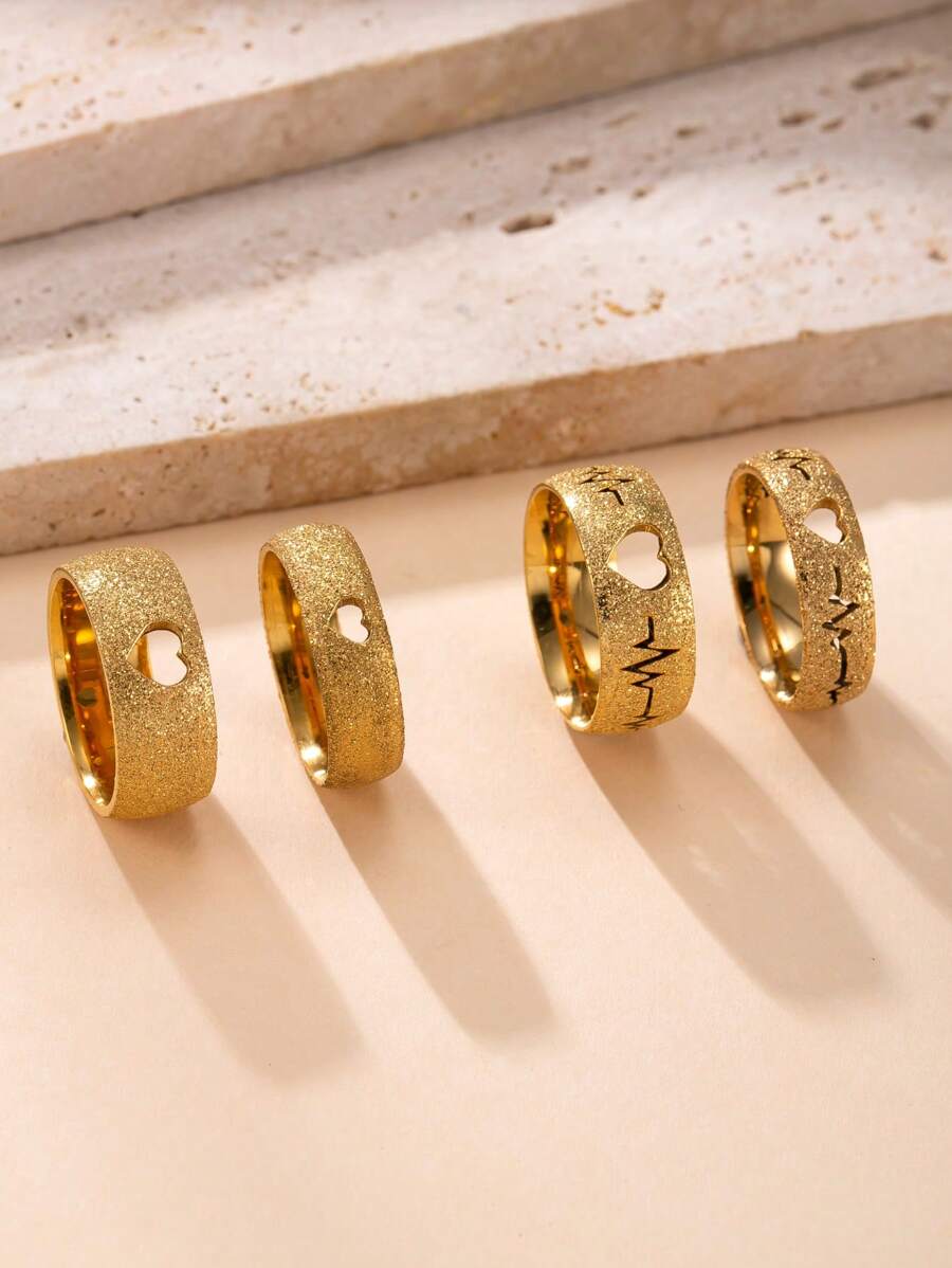 2pcs 8mm, 6mm Stainless Steel Hollow Heart, Cardiogram Matte Finish Rings Set, Suitable For Daily Wear Or Gift