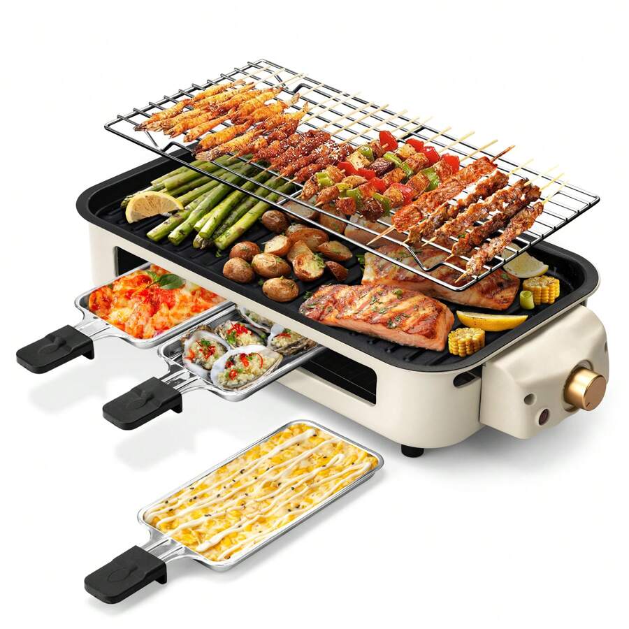 SUSTEAS 1700W Electric Indoor Grill – 2-In-1 Grill & Griddle With Removable Plates – Non-Stick & Dishwasher Safe – Adjustable Temperature Control – For Steak, Burgers, Vegetables (White)