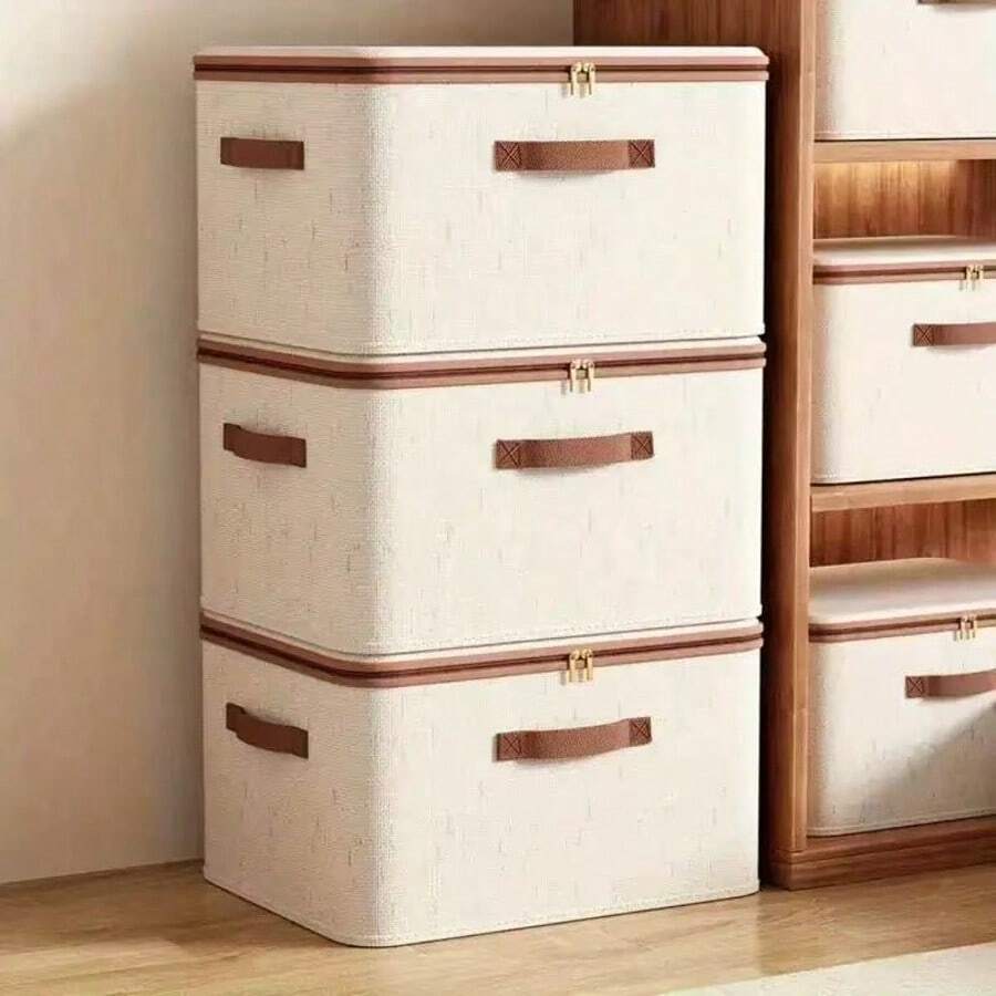 2-pack opbergbakken met ritssluiting, stoffen opbergmanden met deksel, opvouwbare, wasbare kastplank, kledingorganizer en handgrepen (beige)