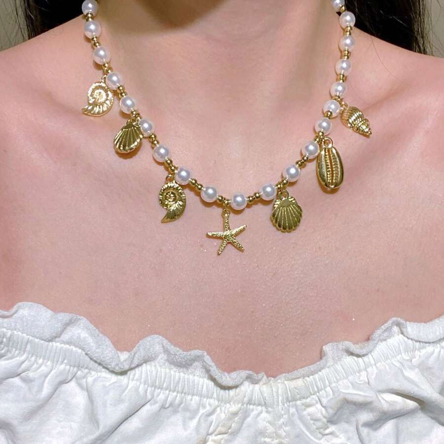 1 set d'une seule pièce composé d'un collier pendentif de style océan, de bijoux pour femmes en perles synthétiques CCB à la mode et d'une chaîne de clavicule convient à un usage quotidien et aux photos de vacances à la plage.