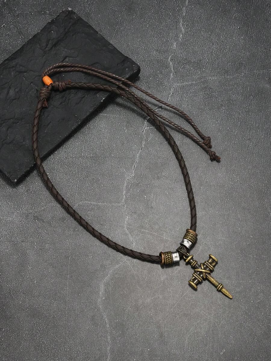 1pc Minimalist Alloy Nail Cross Pendant Adjustable Necklace, Unisex Retro Style Jewelry